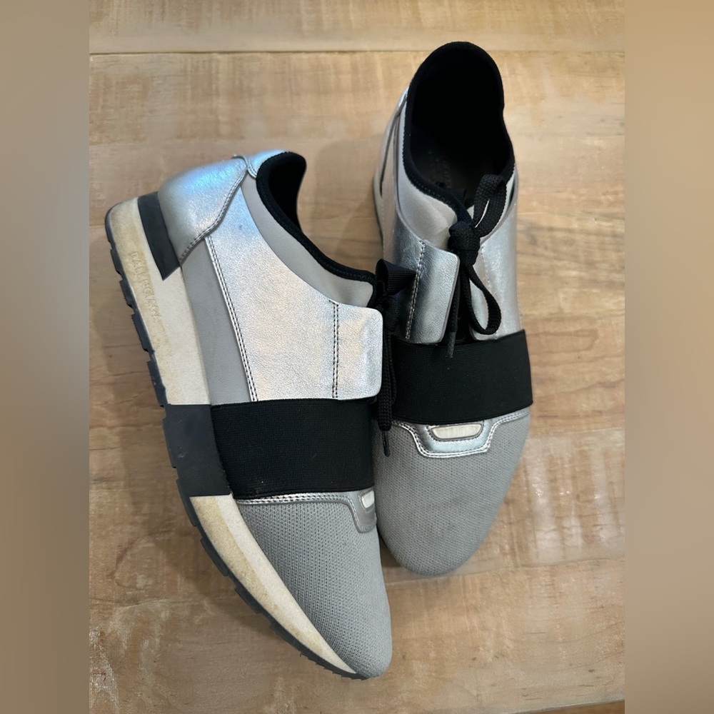 Balenciaga race runner sneakers metallic silver grey black leather tennis shoes - Picture 3 of 14